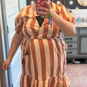 Striped Wrap Dress in Orange and Cream